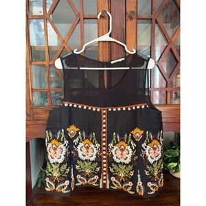 Floreat Anthropologie Black Floral Embroidered Beaded Mesh Tank Top Womens 14